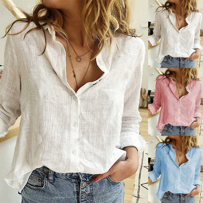 Loose Button Lapel Cardigan Top Long Sleeve Shirt Womens Blouses