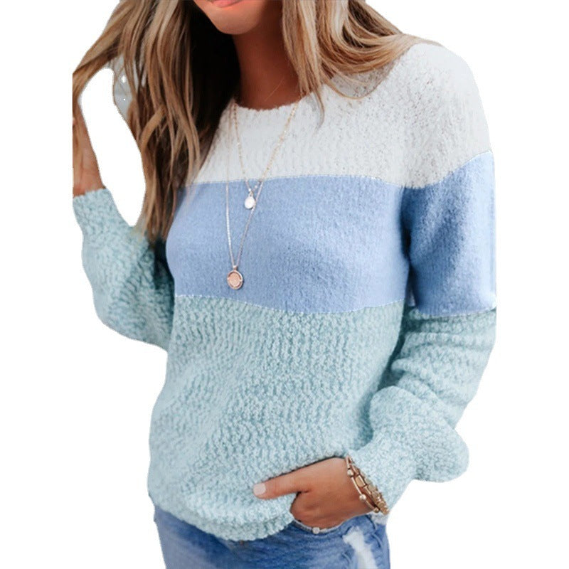 Women's Fleece Shirt Round Neck Pullover Top Color Matching Sweater