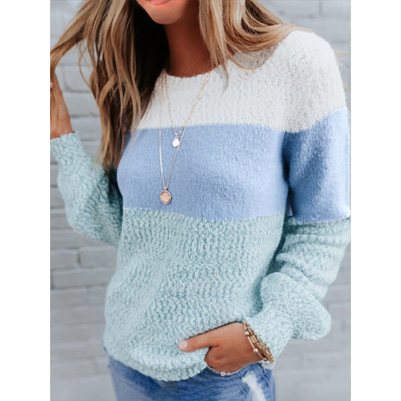 Women's Fleece Shirt Round Neck Pullover Top Color Matching Sweater